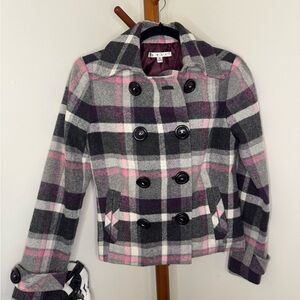CAbi Plaid Pea Coat - Pink, Purple, and Gray